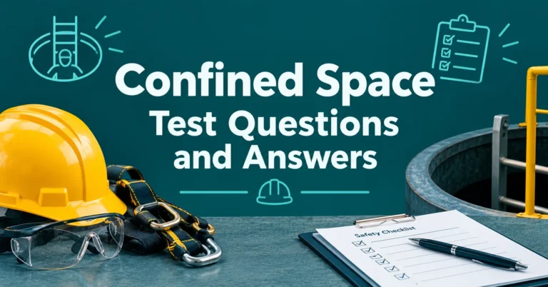 Confined Space Test Questions and Answers safety training graphic with helmet, harness, checklist, and confined space entry
