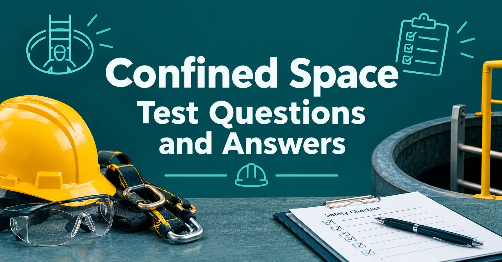 Confined Space Test Questions and Answers safety training graphic with helmet, harness, checklist, and confined space entry